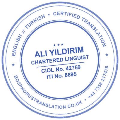 Certified Turkish-English translation stamp of Ali Yildirim, Chartered Linguist